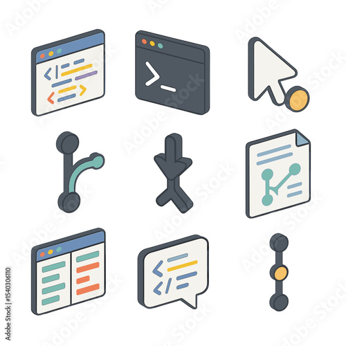 Remote Programming Icon Set. Isometric Flat icon set of remote pair programming tools: code editor window, terminal prompt, shared