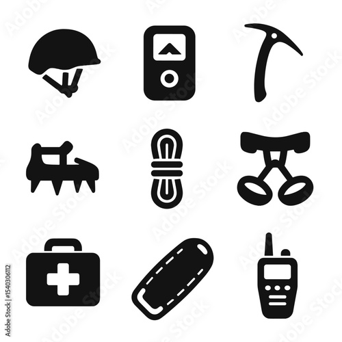 Rescue Equipment Icons. Solid, Filled icon set of safety and rescue equipment: helmet, avalanche beacon, ice axe, crampons, rope,