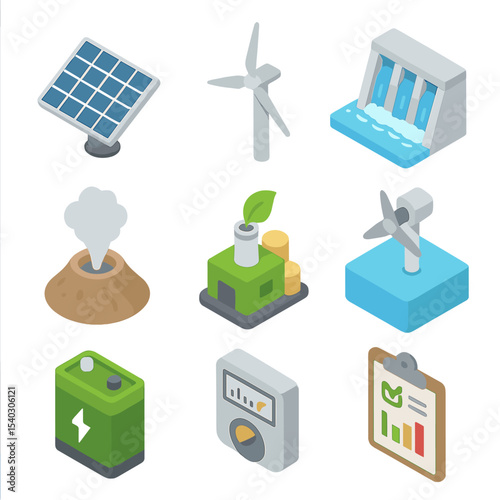 Renewable Energy Icons. Isometric Flat icon set of renewable energy sources: solar panel, wind turbine, hydroelectric dam,