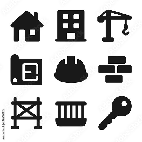 Residential Development Icons. Solid, Filled icon set of residential housing development: detached house, apartment block,