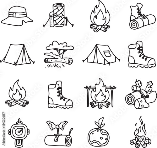 Camping Adventure Hand-Drawn Icons of Outdoor Gear, Fire, and Nature