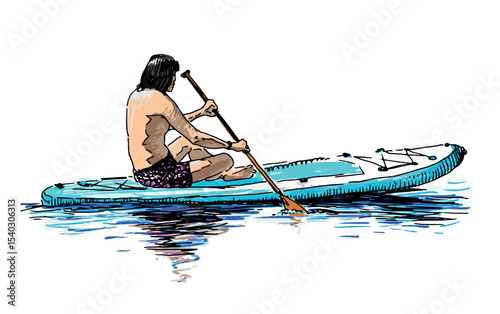 Sketch of young sports man on sup board sitting, rowing paddle and floating on water lake, vector illustration isolated on white
