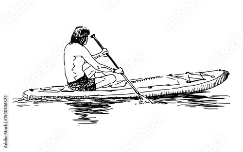 Sketch of young sports man on sup board sitting, rowing paddle and floating on water lake, outline vector illustration isolated on white