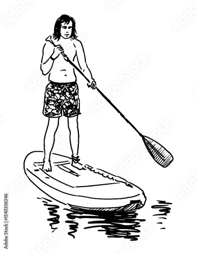 Sketch of young sports man on sup board standing, rowing paddle and floating on water lake, outline vector illustration isolated on white