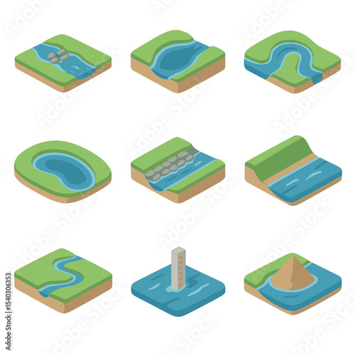 River Hydrology Icon Set. Isometric Flat icon set of river hydrology features: riffle, pool, meander bend, oxbow lake, riprap,