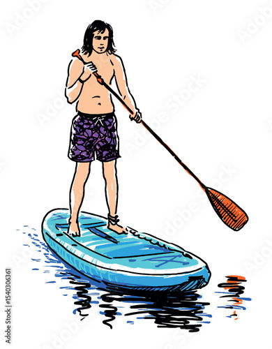 Sketch of young sports man on sup board standing, rowing paddle and floating on water lake, vector illustration isolated on white