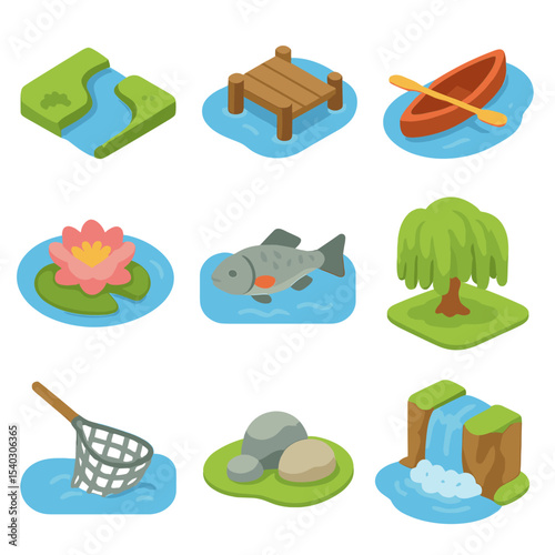 Rivers and Lakes Icons. Isometric Flat icon set of river and lake landscapes: riverbank, wooden pier, canoe, water lily, fish,