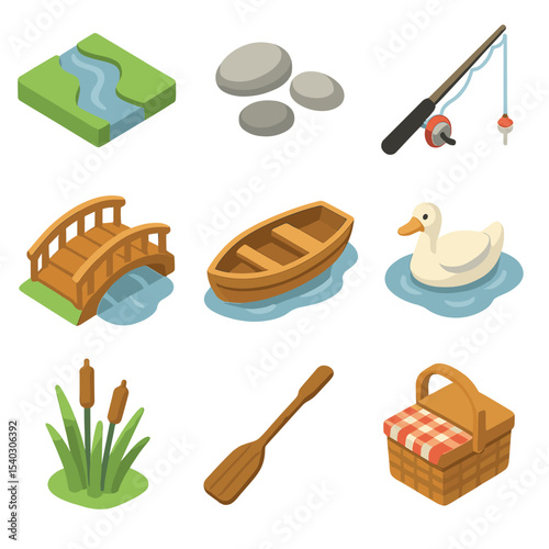 Riverside Icon Set. Isometric Flat icon set of riverside stroll: river, pebbles, fishing rod, bridge, boat, waterfowl, reeds,