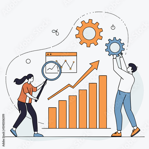 Business team analyzing financial data and growth with bar charts and graphs, illustrated in a modern flat vector style.