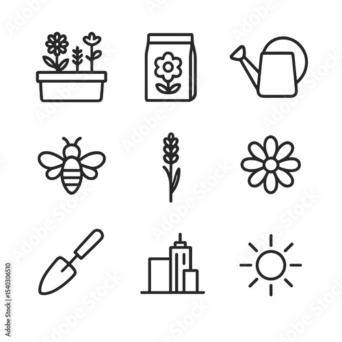 Rooftop Garden Icons. Outline icon set of rooftop wildflower gardens: planter box, seed packet, watering can, bee silhouette,