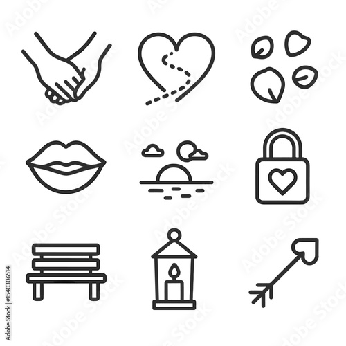 Romantic Stroll Icons. Outline icon set of romantic stroll elements: holding hands, heart-shaped path, rose petals, sunset skyline