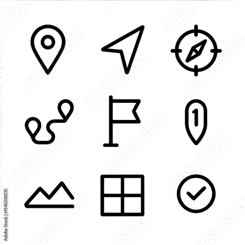 Route Planning Icons. Outline icon set of route planning: map pin, directional arrow, compass, route line, waypoint flag, distance