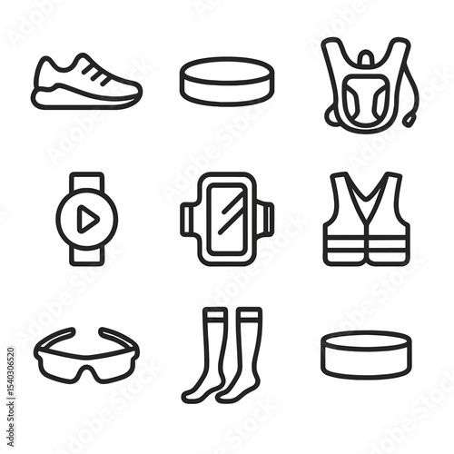 Running Gear Icons. Outline icon set of running gear: sneakers, headband, hydration pack, running watch, armband phone holder,