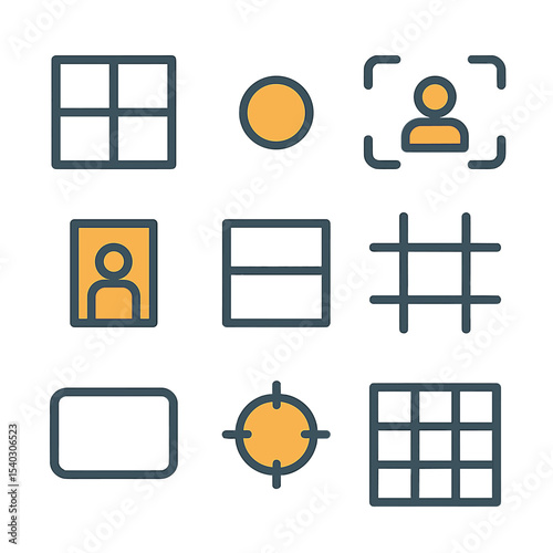 Rule of Thirds Icons. Isometric Flat icon set of rule of thirds: viewfinder grid, intersection dot, camera frame, subject icon,