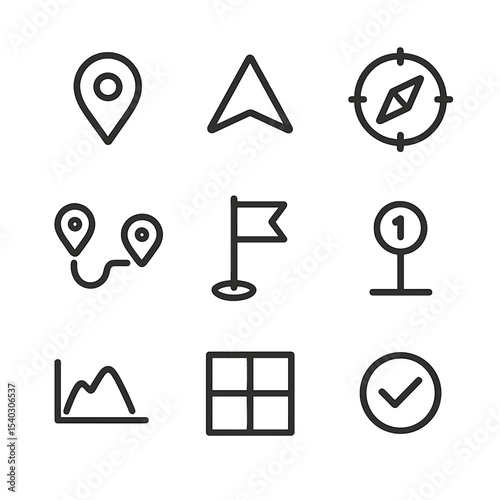 Route Planning Icons. Outline icon set of route planning: map pin, directional arrow, compass, route line, waypoint flag, distance