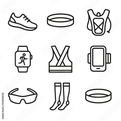 Running Gear Icons. Outline icon set of running gear: sneakers, headband, hydration pack, running watch, armband phone holder,