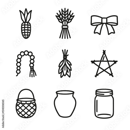 Rustic Home Decor Icons. Outline icon set of rustic home decor: dried corn husk, wheat sheaf, burlap ribbon, wooden bead garland,
