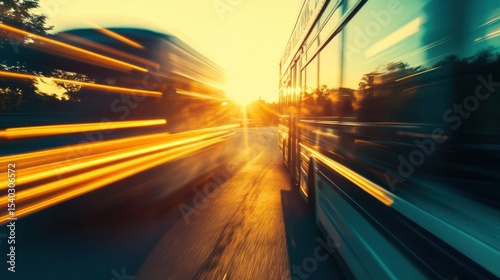 Blurry road with buses at sunset