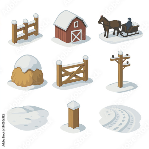 Rural Snowy Icons. Isometric Flat icon set of rural snowy lane: wooden fence, barn silhouette, horse-drawn sleigh, haystack under