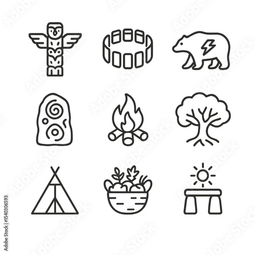 Sacred Land Icon Set. Outline icon set of sacred land sites: totem pole, ceremonial circle, spirit animal, stone carving, fire pit