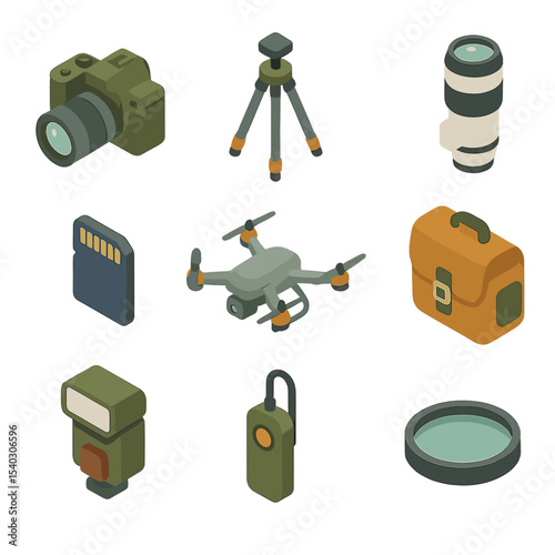 Safari Photography Gear Icons. Isometric Flat icon set of safari photography gear: DSLR camera, tripod, telephoto lens, memory