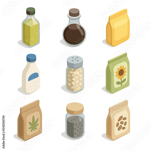 Salad Dressing Icons. Isometric Flat icon set of salad dressings and toppings: olive oil bottle, balsamic vinegar jar, honey