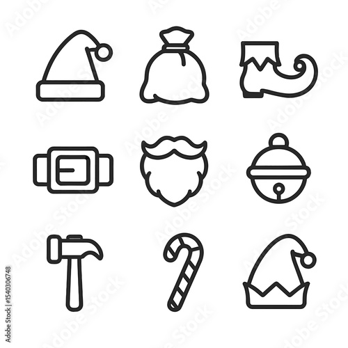 Santa Icon Set. Outline icon set of Santa Claus and elves: Santa hat, sack of gifts, elf shoe, belt buckle, beard, sleigh bell,