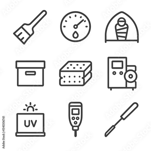 Sarcophagus Icon Set. Outline icon set of sarcophagus preservation: consolidation brush, humidity gauge, protective tent, archival