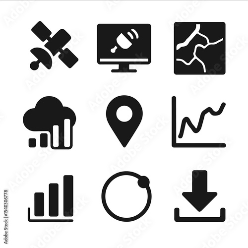 Satellite Monitoring Icons. Solid, Filled icon set of satellite monitoring: satellite, remote sensing screen, NDVI map, data cloud