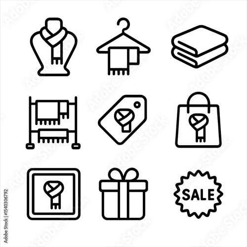 Scarf Retail Icons. Outline icon set of scarf retail and display: mannequin bust, hanger hook, folded stack, display rack, price