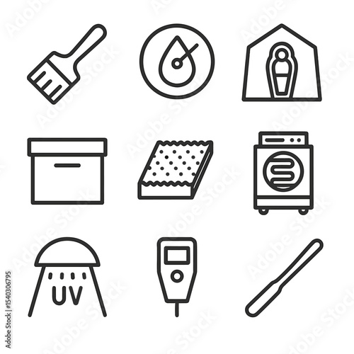 Sarcophagus Icon Set. Outline icon set of sarcophagus preservation: consolidation brush, humidity gauge, protective tent, archival