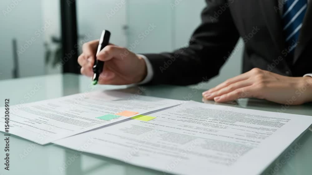 Professional reviewing and marking important sections on documents in a modern office setting