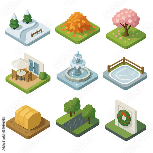 Seasonal Estate Icon Set. Isometric Flat icon set of seasonal estate scenes: snow-covered path, autumn leaf pile, spring blossom
