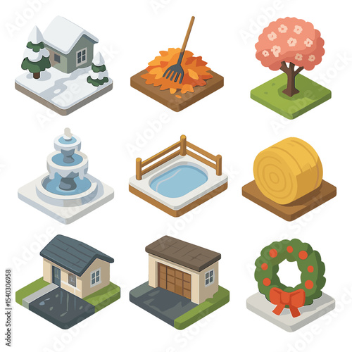 Seasonal Estate Icon Set. Isometric Flat icon set of seasonal estate scenes: snow-covered path, autumn leaf pile, spring blossom