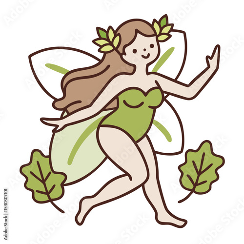 Fairy character dancing with green leaves and smiling joyfully  