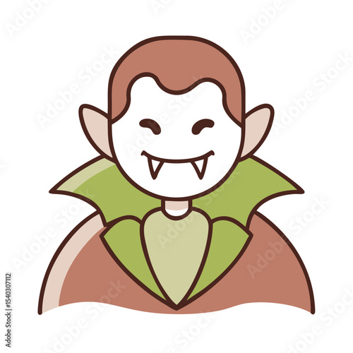 Cartoon vampire character smiling with fangs and green cape  