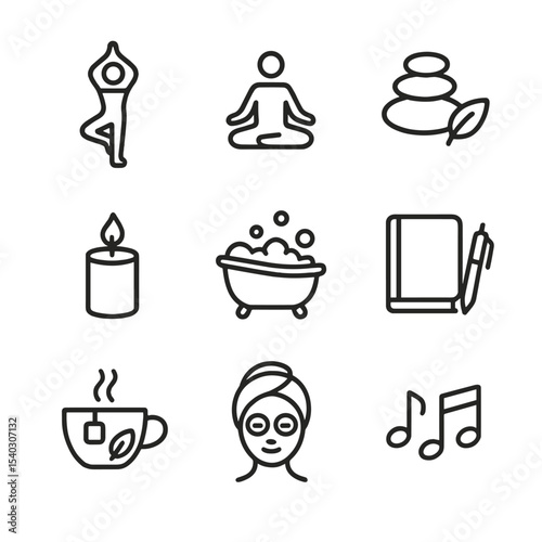 Self-Care Icon Set. Outline icon set of self-care and wellness: yoga pose, meditation lotus, spa stones, scented candle, bubble