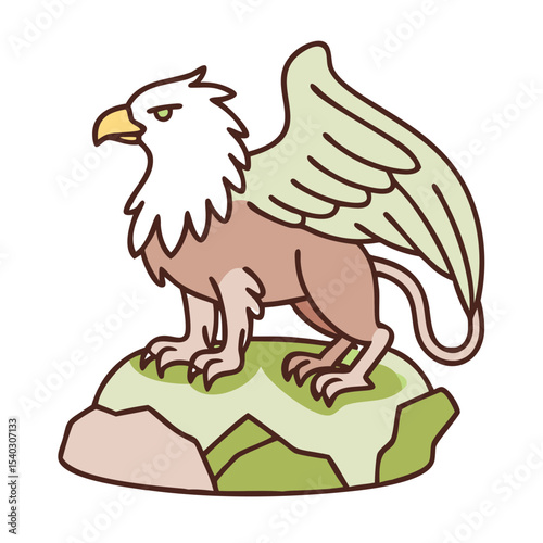 Cartoon griffin standing on rock with wings spread wide  