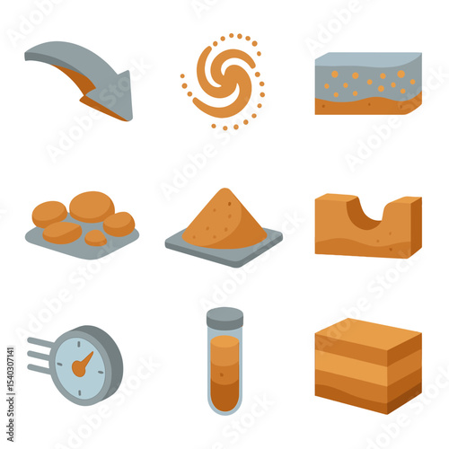 Sediment Transport Icons. Isometric Flat icon set of sediment transport processes: turbidity current arrow, sediment plume swirl,