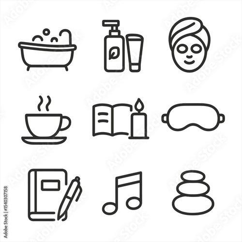 Self-Care Ritual Icons. Outline icon set of self-care rituals: bathtub, skincare products, face mask, tea cup, book and candle,