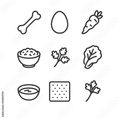 Seder Plate Icons. Outline icon set of Seder plate elements: shank bone, egg, horseradish, charoset, karpas, lettuce, salt water