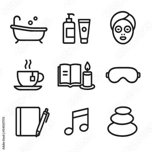 Self-Care Ritual Icons. Outline icon set of self-care rituals: bathtub, skincare products, face mask, tea cup, book and candle,