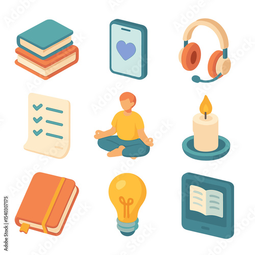 Self-Help Icon Set. Isometric Flat icon set of self-help resources: book stack, smartphone, headset, checklist, journal,