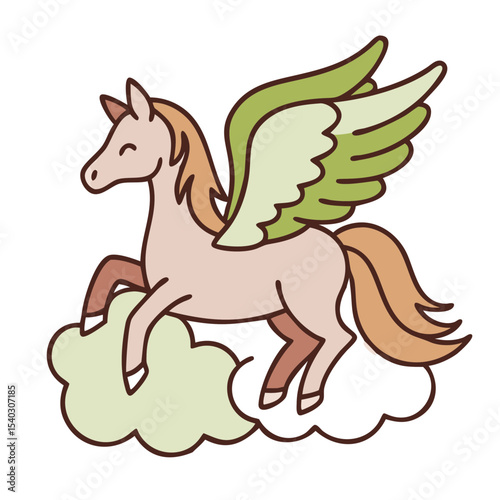 Winged horse flying above clouds with green wings and joyful expression  