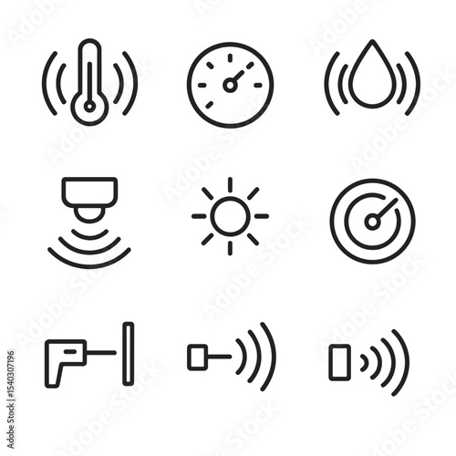 Sensor Detection Icons. Outline icon set of sensor detection zones: temperature gauge, pressure dial, humidity droplet, motion