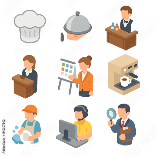 Service Staff Icons. Isometric Flat icon set of service staff roles: chef hat, server tray, bartender station, host podium,