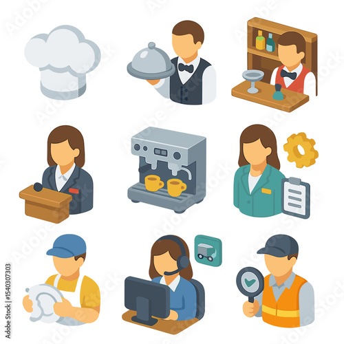 Service Staff Icons. Isometric Flat icon set of service staff roles: chef hat, server tray, bartender station, host podium,