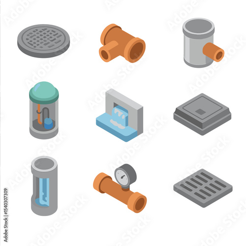 Sewer System Icons. Isometric Flat icon set of sewer infrastructure components: manhole cover, sewer pipe, inspection chamber,