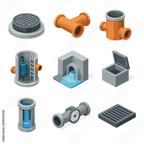 Sewer System Icons. Isometric Flat icon set of sewer infrastructure components: manhole cover, sewer pipe, inspection chamber,