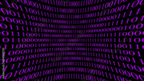 binary code animation on abstract purple illuminated background, computer language in motion for illustration of coding big data...